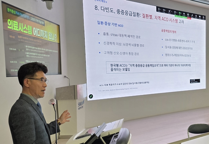 전병조 대한응급의학회 이사장이 지난 4일 열린 환자중심지속가능의료학회에서 국내 응급의료시스템의 발전방안에 대해 발표하고 았다.