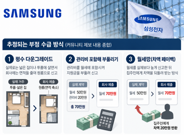 삼성전자 DS부문 일부 직원의 주거비 지원 부정 수급 의혹 방식을 나타낸 그래픽.