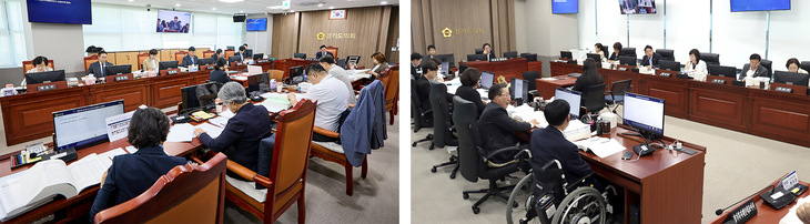 경기도의회 여성가족평생교육위원회(왼쪽)와 보건복지위원회가 각각 상임위 회의를 열고 2026년도 제2회 추가경정예산안을 심사하고 있다. 제공=경기