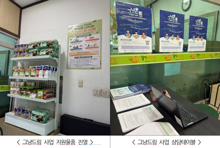 인천시 '그냥드림' 사업장에 진열된 먹거리 지원 물품(왼쪽)과 위기가구 발굴을 위한 현장 상담 테이블 모습. 제공=인천시