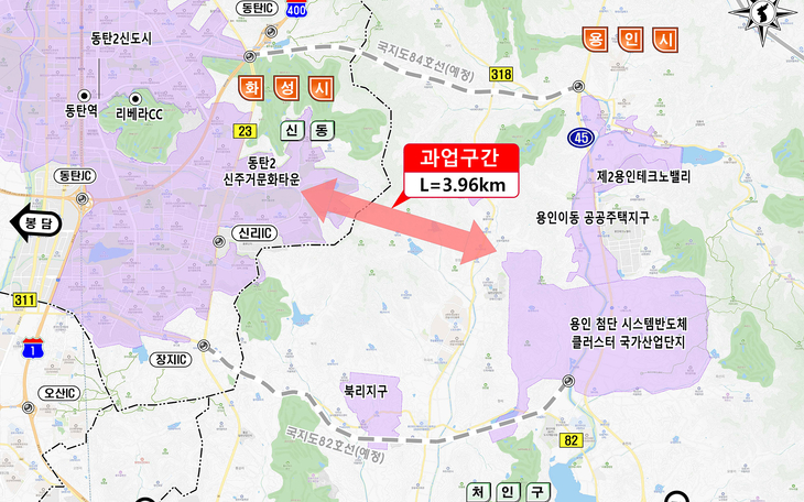 '용인 남사읍~화성 신동 연결도로 개설사업' 대상 구간 위치도. 제공=용인시