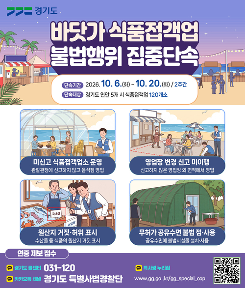 경기도 특별사법경찰단이 10월 6일부터 20일까지 도내 연안 5개 시 바닷가 주변 식품접객업소 120개소를 대상으로 실시하는 불법행위 집중단속 안내 포
