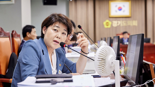 경기도의회 조명자 의원이 상임위 회의실에서 경기국제공항의 당위성 설명과 평택항 배후단지 금융지원 대책을 주문하고 있다. 제공=경기도의회