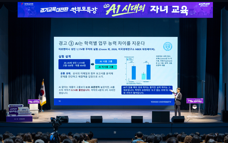 김현철 연세대 교수가 '2026 경기교육대전환 학부모 특강'에서 '우리 아이의 미래를 바꾸는 교육과 정책의 힘'을 주제로 강연하고 있다. 제공=경기