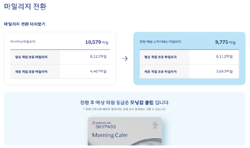 마일리지 전환 선택 시 예상 안내 화면