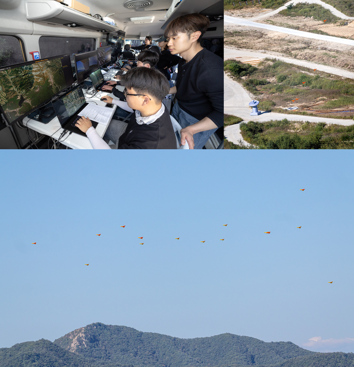 지난 16일 경기 포천 승진 훈련장에서 열린 '2026 국방 드론 기술전'에서 대한항공이 AI 드론 군집 비행·군집 타격 기술을 시연하는 모습. 사진=대한항