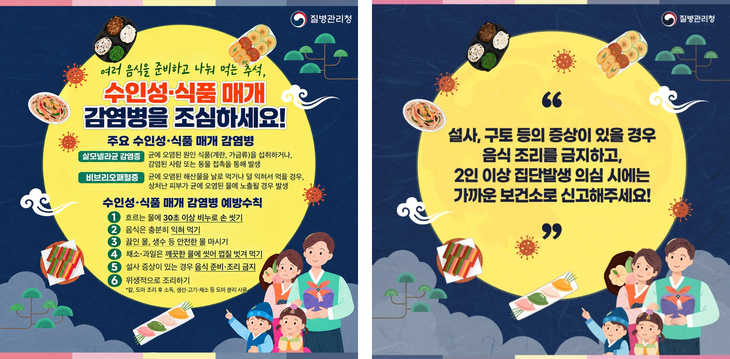 질병관리청이 안내한 추석 연휴 수인성·식품 매개 감염병 예방수칙. 흐르는 물에 30초 이상 비누로 손 씻기, 음식 충분히 익혀 먹기, 위생적인 조리 등