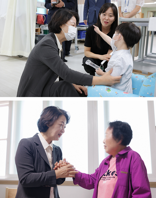 추미애 경기도지사가 17일 여주시 점동면 '여주천사들의집'에서 시설 생활 아동과 이야기를 나누고 있다(위). 추 지사가 같은 날 이천시 의료·요양