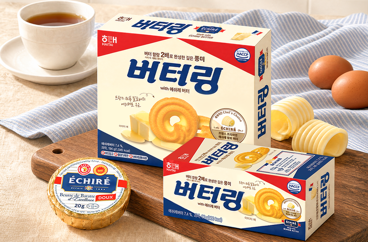 해태제과가 프랑스 샤랑트 푸아트 지역 프리미엄 발효버터로 만든 '버터링 with 에쉬레 버터'를 출시한다.
