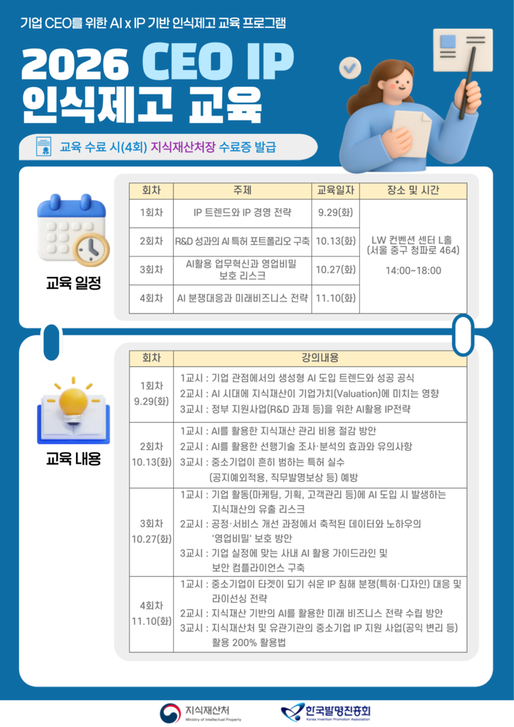 지식재산처와 한국발명진흥회가 오는 29일부터 기업 최고경영자(CEO)를 대상으로 '2026년 CEO IP 인식제고 교육'을 운영한다. 사진=한국발명진흥회