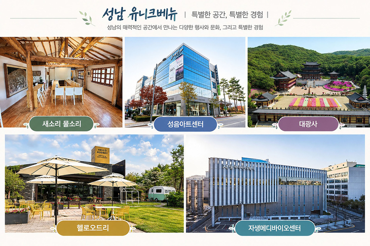 성남시가 마이스(MICE) 자원으로 육성하는 유니크베뉴 가운데 새소리 물소리, 성음아트센터, 대광사, 헬로 오드리, 자생메디바이오센터 모습. 제공=성남