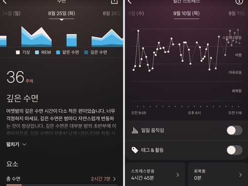 오우라링5로 측정한 기자의 수면 기록(왼쪽)과 일간 스트레스 기록. 지난 8월 25일 수면점수는 36점, 총 수면시간은 2시간7분으로 측정됐으며, 9월 10일에
