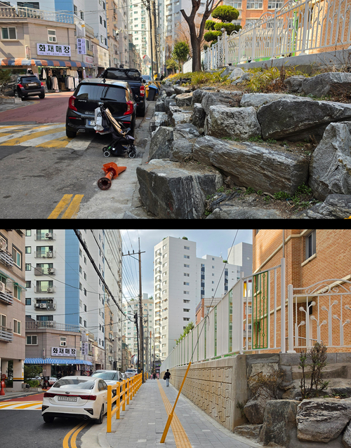 인천약산초등학교 주변 통학로 정비 전 모습(위)과 정비 후 차도와 분리된 보행로가 조성된 모습. 제공=인천시교육청