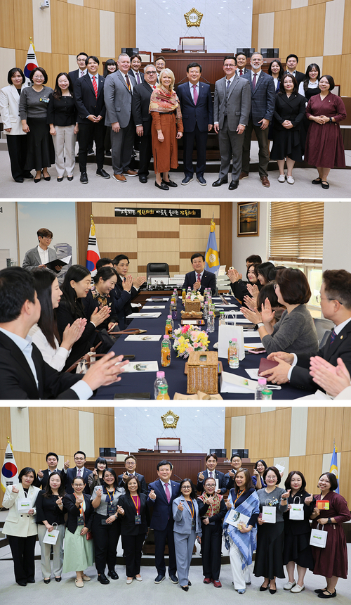 8일 인천 연수구의회를 방문한 미국 코튼우드 하이츠시, 중국 친화이구, 필리핀 바기오시 대표단이 의회 관계자들과 환담하고 기념촬영을 하고 있다.