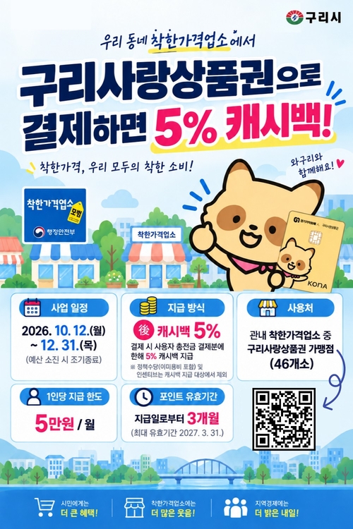 구리시 착한가격업소에서 구리사랑상품권 결제하면 5% 추가 환급 안내 배너