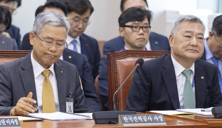 김동철 한국전력 사장(왼쪽)과 김회천 한국수력원자력 사장이 12일 국회에서 열린 산업통상자원중소벤처기업위원회 국정감사에서 출석해 있다