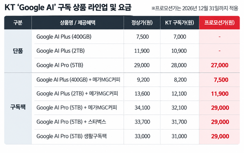 KT 'Google AI' 구독 상품 라인업 및 요금. 그래픽=김나현 기자