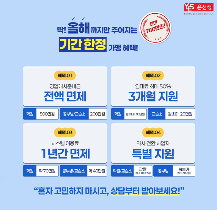 윤선생 신규 창업자에 최대 760만원 상당 지원