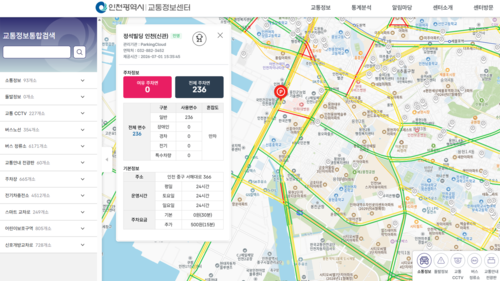 ▲ 인천교통정보센터 누리집에서 제공하는 주차장 위치 및 실시간 주차정보 화면. 제공=인천시