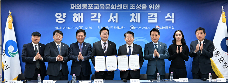 ▲ 22일 인천도시역사관에서 열린 '재외동포교육문화센터 조성을 위한 양해각서 체결식'에서 박찬대 인천시장(왼쪽 네 번째)과 김경협 재외동포청