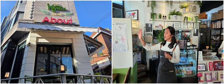 서울 용산구 해방촌 비건 레스토랑 '베제투스' 외관(왼쪽)과 지난 23일 매장에서 코카콜라와의 협업 과정을 설명하는 정다정 사장. 초록색 네온사인