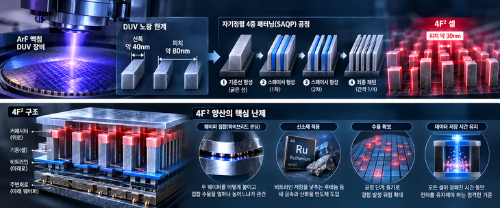 중국 CXMT가 극자외선(EUV) 장비 없이 자기정렬 4중 패터닝(SAQP)으로 초미세 회로를 구현하는 과정을 형상화한 그래픽.
