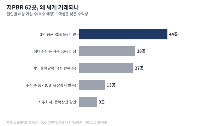 저PBR 기업 62곳이 낸 개선 계획서를 분석한 결과, 수익성이 낮은 것이 저PBR의 가장 큰 이유였다. [자료=전자공시, 각 사 PBR 개선 계획]