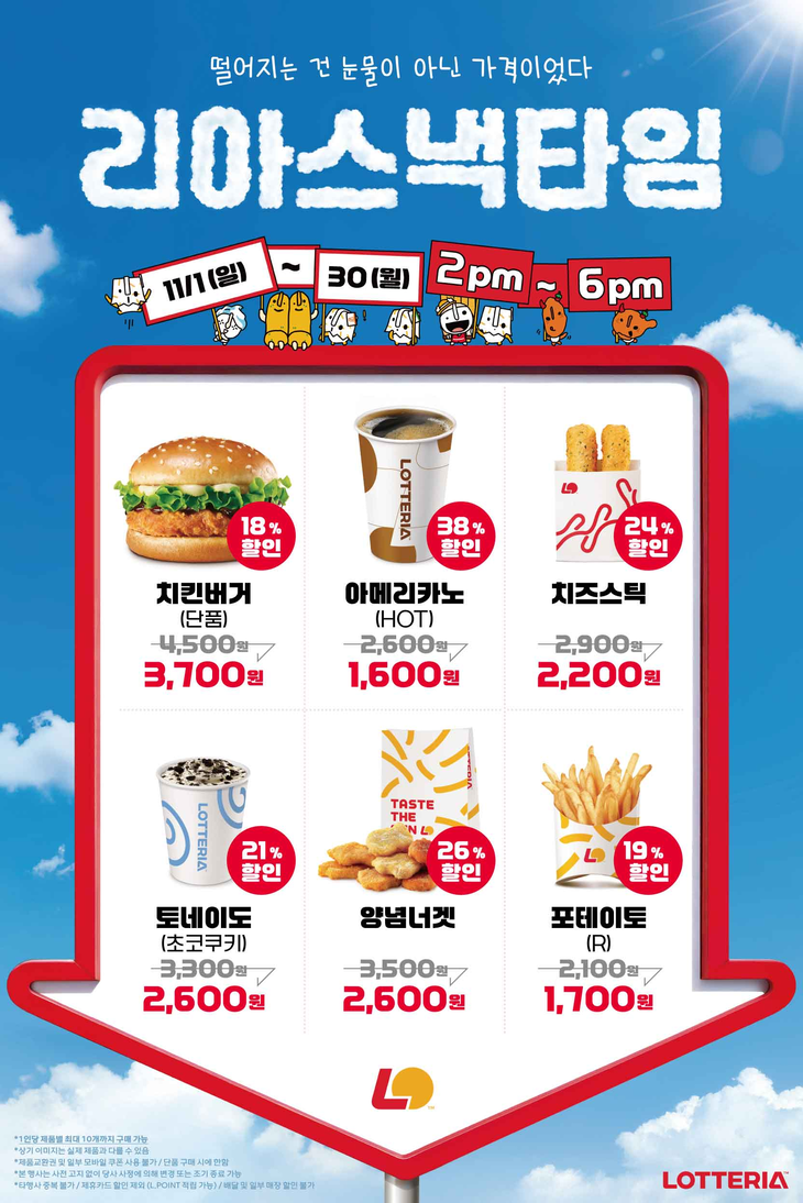 롯데GRS의 버거 프랜차이즈 롯데리아가 매장 인기 메뉴를 할인 가격에 파는 시간대 행사 '리아 스낵 타임'을 운영한다.