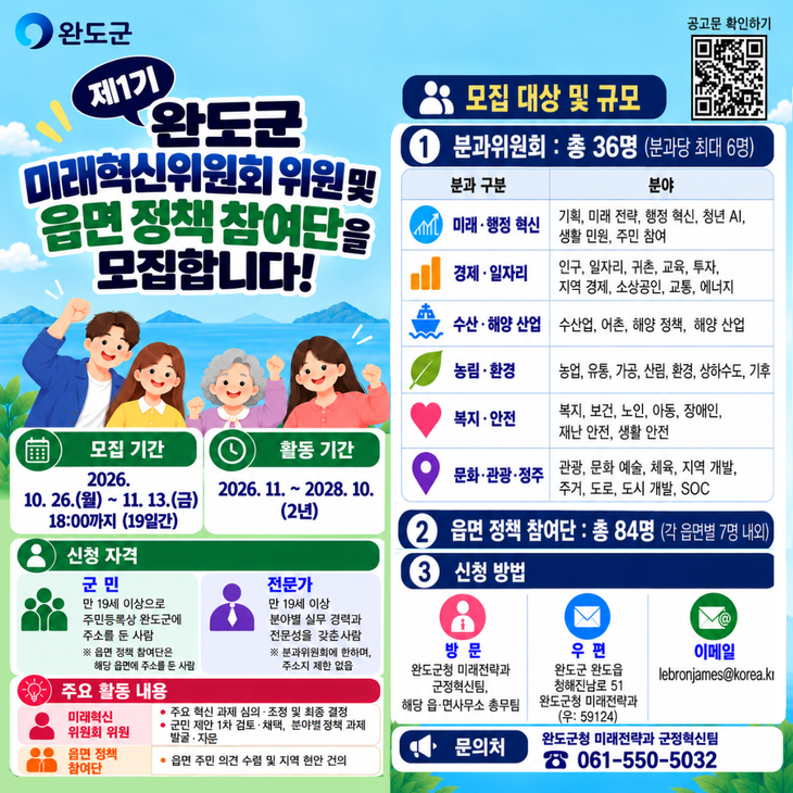 완도군, 미래 혁신위원회 위원·읍면 정책 참여단 모집