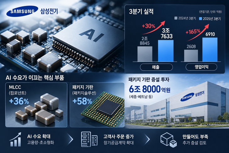 삼성전기의 AI 부품 수요 확대와 생산능력 증설 계획을 정리한 그래픽.