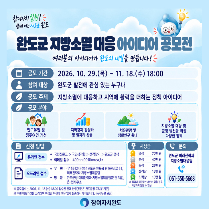 완도군, 지방소멸 대응 아이디어 공모전 개최