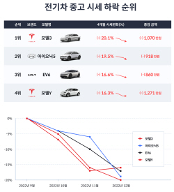 "테슬라 등 전기차 중고 시세 3개월만에 급락"