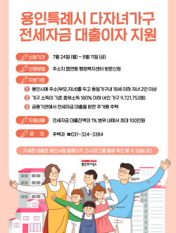 용인시, 다자녀가구에 전세자금 대출이자 100만원 지원