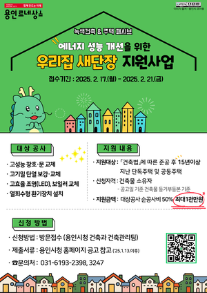 용인시, 노후주택 에너지 성능개선 공사비 최대 1000만원 지원